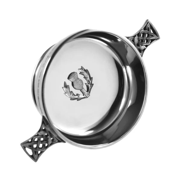Quaich Bowl 3.5 Inch Celtic Knot Handle Pewter Quaich Bowl with Scottish Thistle Badge